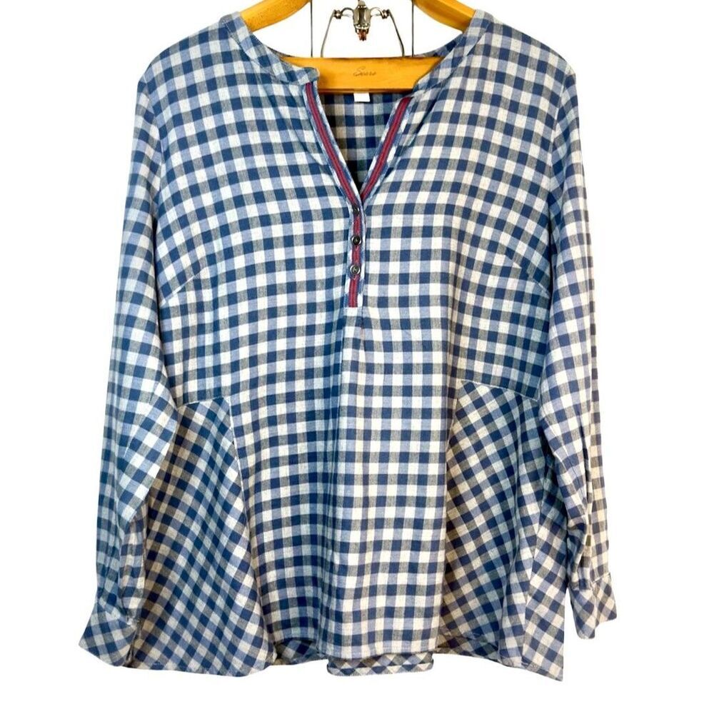 J. Jill Tunic Blue Gray Check Plaid Long Sleeve Swing Top Popover Size: L